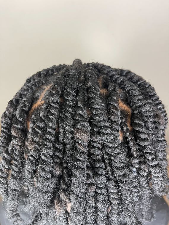 Overhead view of two-strand twists on natural hair